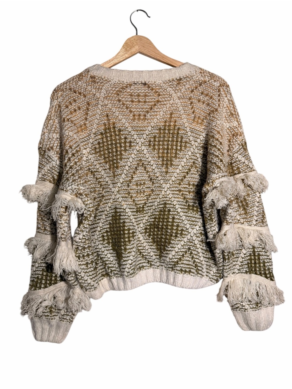 Sadie & Sage Olive and Cream Fringe V-Neck Sweater - Picture 5 of 9